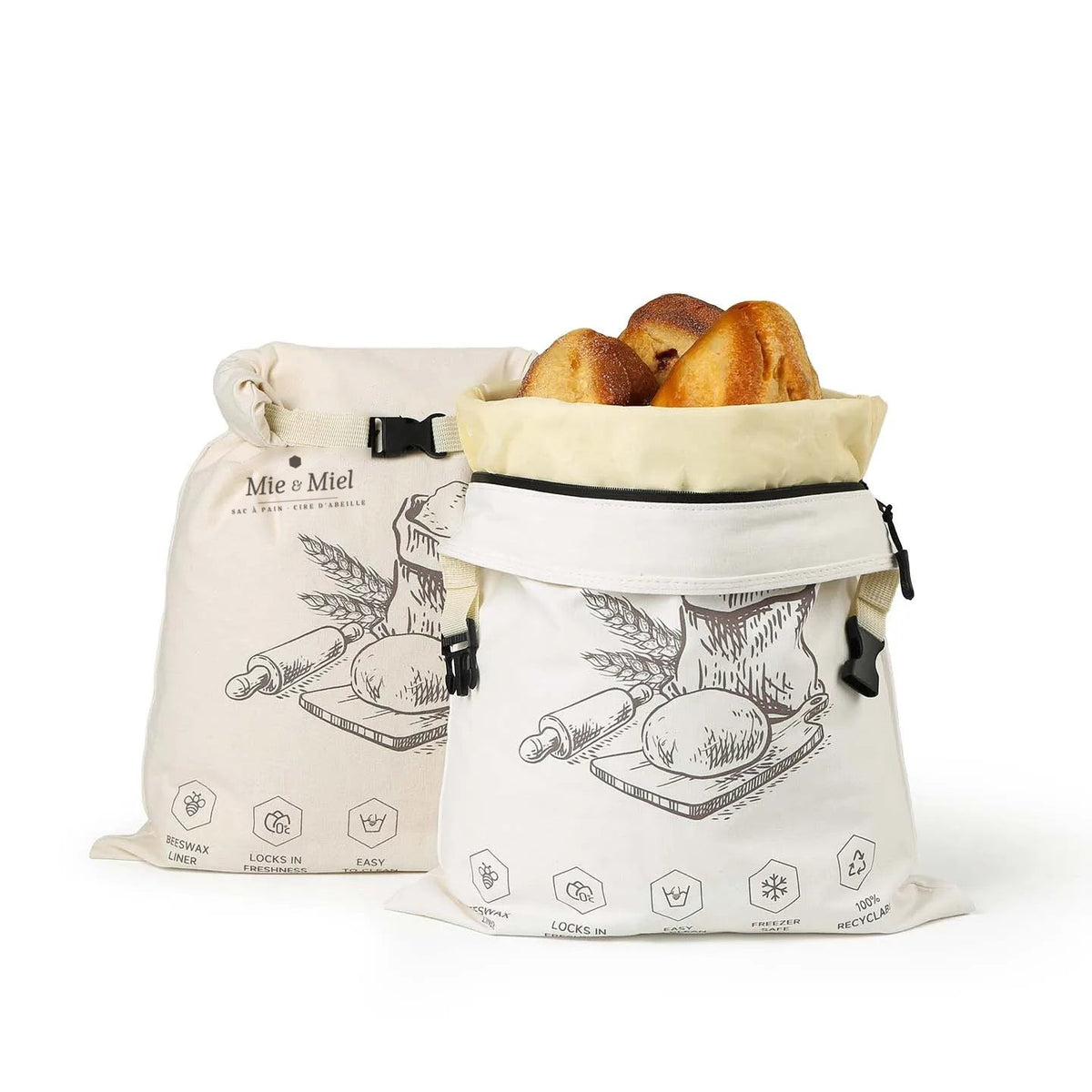 Deux sacs à pain Mie & Miel en coton et cire d'abeille