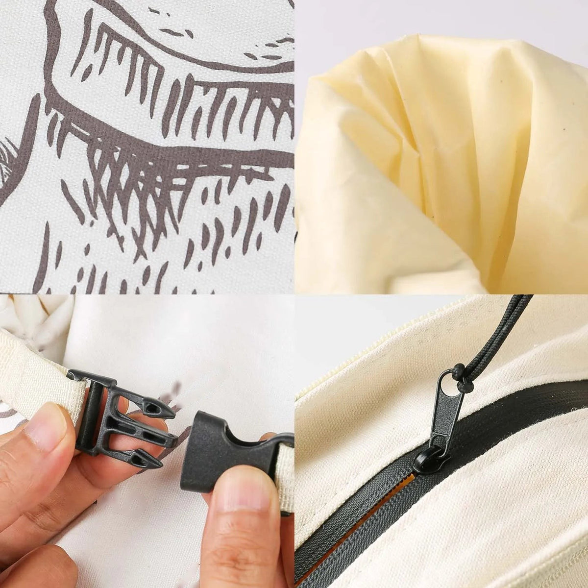 Détails : doublure en cire d'abeille, boucle et zip